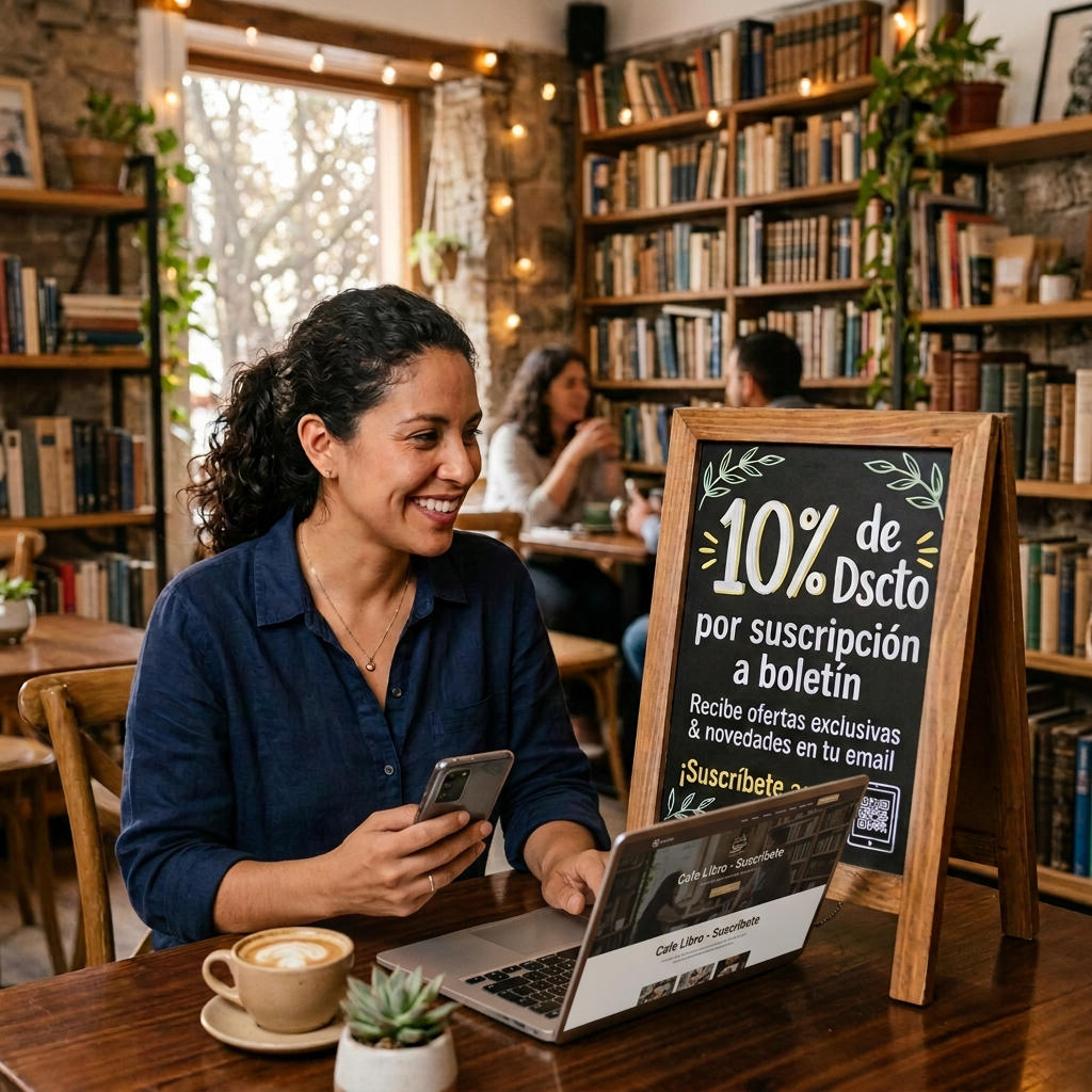 Woman at café beside sign offering 10% off for newsletter subscription
